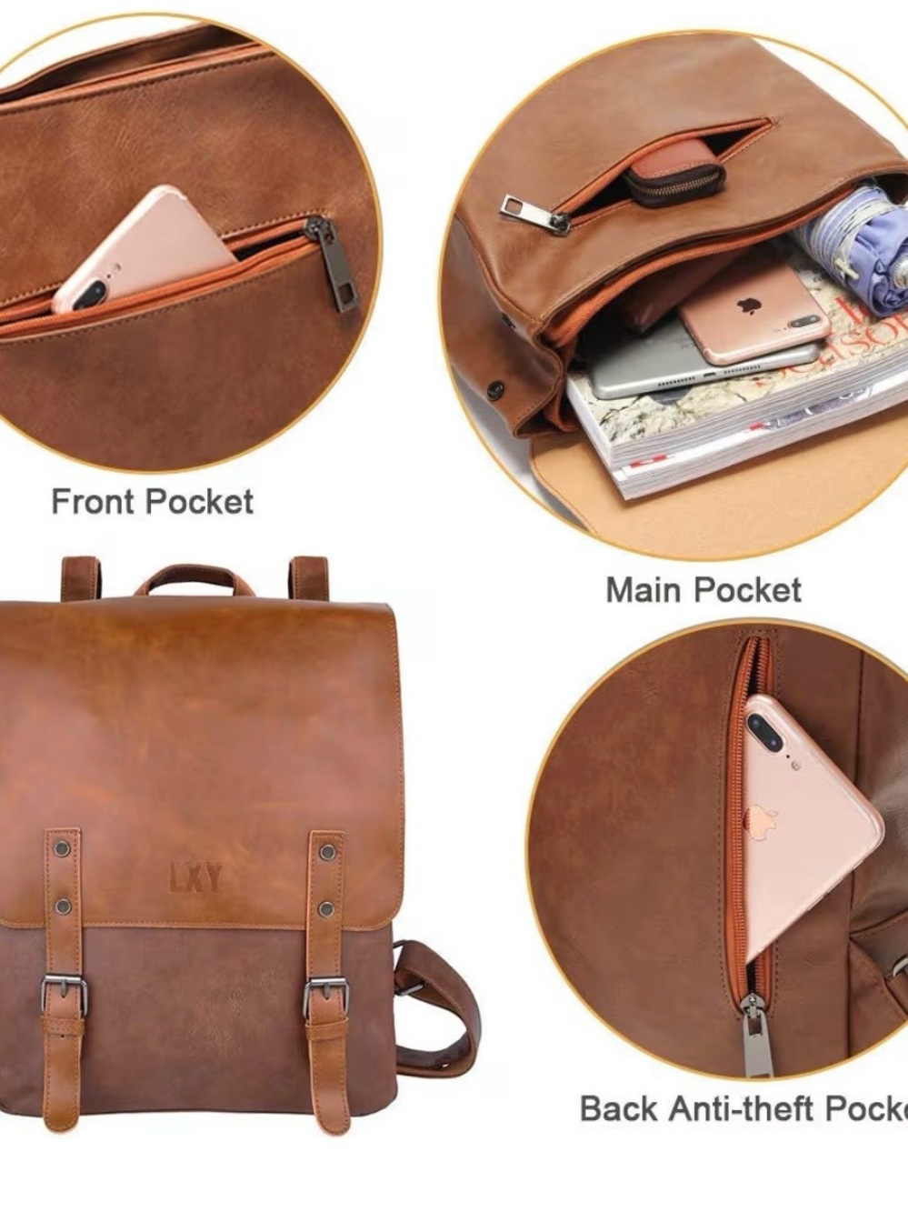 Unisex Brown Vegan Leather Backpack for Vintage Laptop Bag - Picture 4 of 4